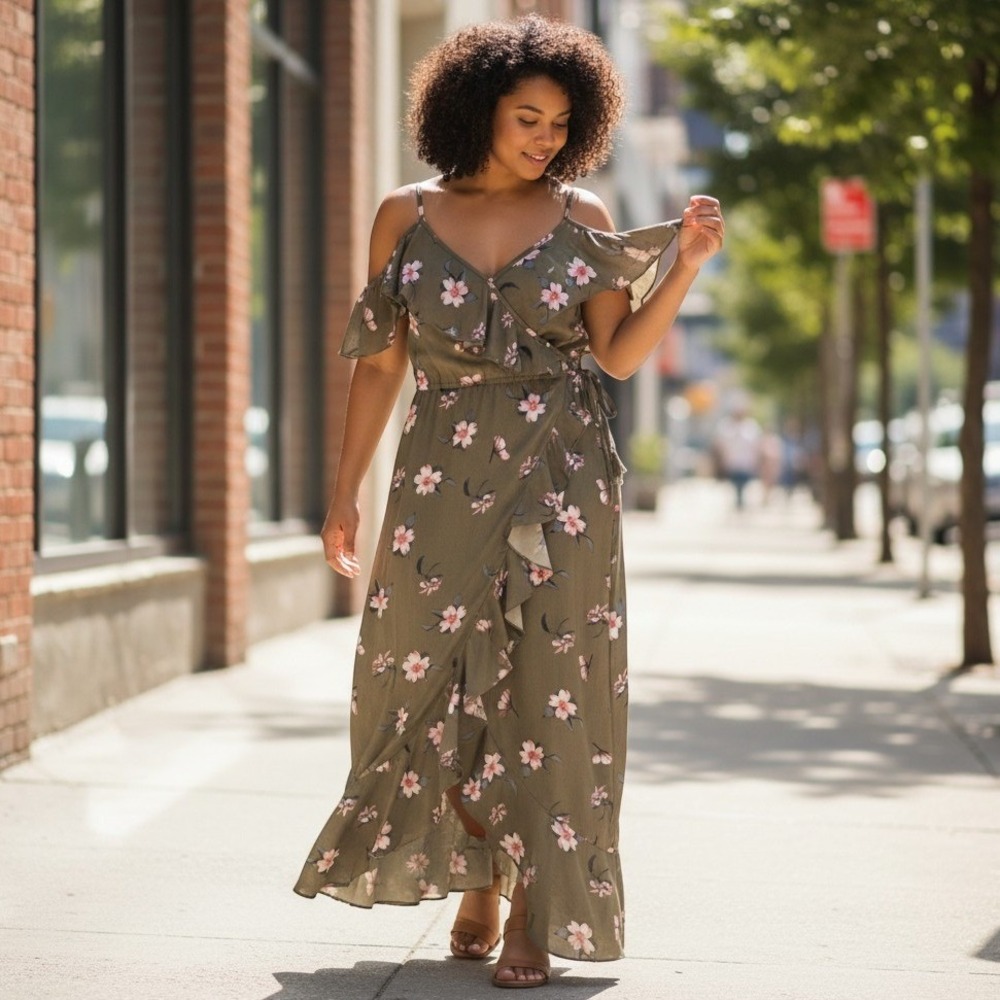 Olive Green Floral Maxi dress Size XL Faux Wrap Ruffle Romantic Hi-Lo Feminine